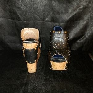 Black w/ gold studded, cork wedged heel shoes